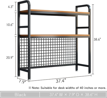 IOTXY 2-Tier Desktop Hutch Bookshelf - Metal Desk Shelf Bookcase with Grid Panel, Countertop Storage Organizer Rack for Dorm or Office, Black, 37.4" W
