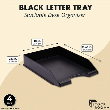 Stockroom Plus Letter Trays - 4-Pack, Black, 10 x 13.5 x 2.5 in - Stackable Paper Trays & Desktop File Organizer - Mail Organizer & Document Storage