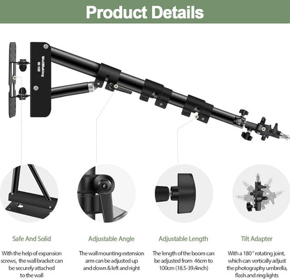 Wellmaking Wall Mount Triangle Boom Arm 39.37inch/100cm, Ring Light Mount Support 180°Flexible Rotation Comes with Tilt Swivel Mount for Studio Video Light, Monolight, Photography, Softbox, Reflector