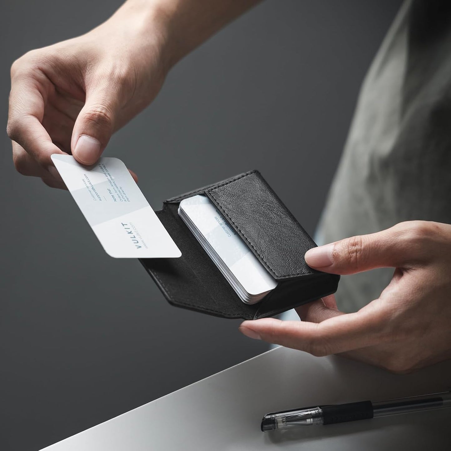 VULKIT Leather Business Card Holder Case for Men Slim Pocket Business Card Wallet Name Card Case Holder, Holds 20 Business Cards Black