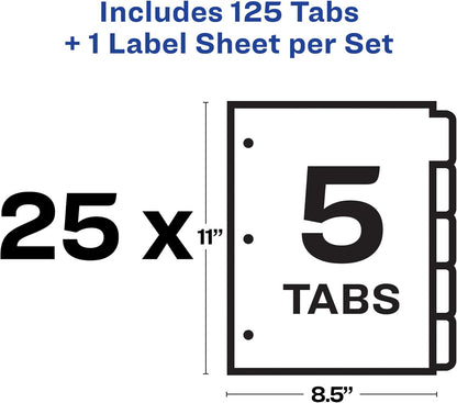 Avery 5 Tab Dividers for 3 Ring Binder, Easy Print & Apply Clear Label Strip, Index Maker Customizable White Tabs, 25 Sets (11446)