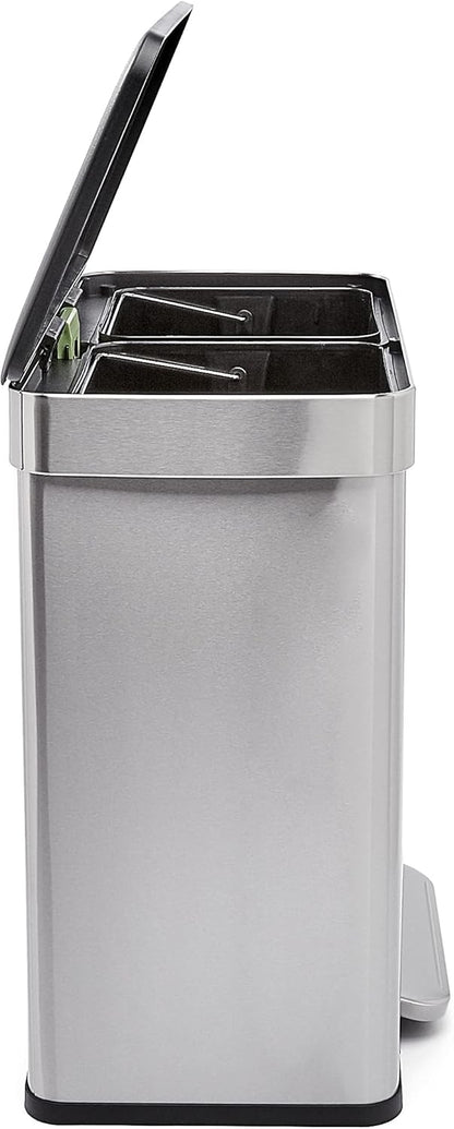 Amazon Basics Dual Compartment Recycling Trash Can with Soft-Close Lid and Removable Liner Buckets, 60 Liters, Rectangular, Grey, Silver