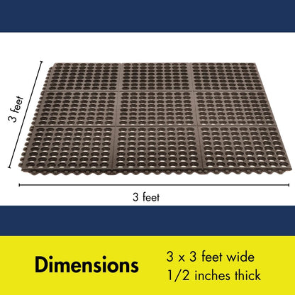NoTrax 3' x 3' Light-Duty Rubber Drainage Mat, Customizable Modular Interlocking Design with Ergonomic Support, Lightweight, Anti-Fatigue, Non-Slip Surface, Black, 501S0033BL