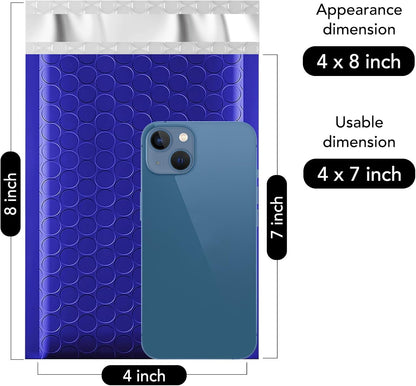 Fuxury 100Pcs 4x8 Bubble Mailers Royal Blue Shipping Padded Envelopes Usable Size 4x7' Waterproof Mailing Envelopes Bubble Padded for Mailing,Packaging, Small Business