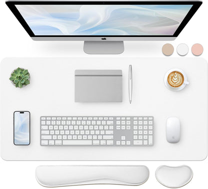 Bloss Leather Desk Pad and Keyboard Wrist Rest, Large Mouse Pad + Keyboard Pad+Mouse Wrist Support, Non-Slip Desk Mat Protector for Office, Home(31.5×15.7 Inches,White)