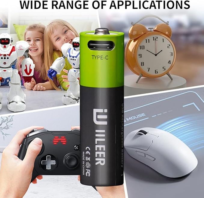 2000mAh USB-C Rechargeable AA Batteries, 1200 Cycles Life, Fast Charging with Type-C Cable, for Gaming Controllers, Mouse, Keyboard & Home Electronics, Black Green (8)