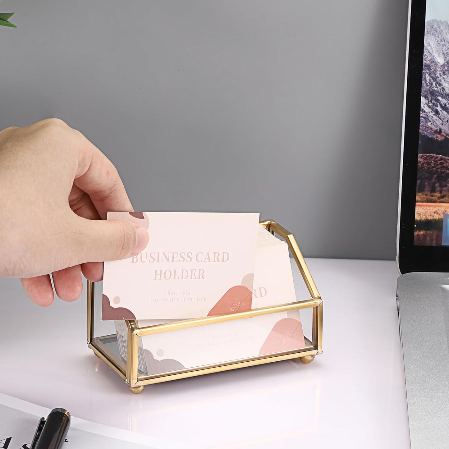 Hipiwe Business Card Holder Gold Name Card Display Stand with Mirror Bottom Metal Glass Desktop Organizer for Office Exhibition