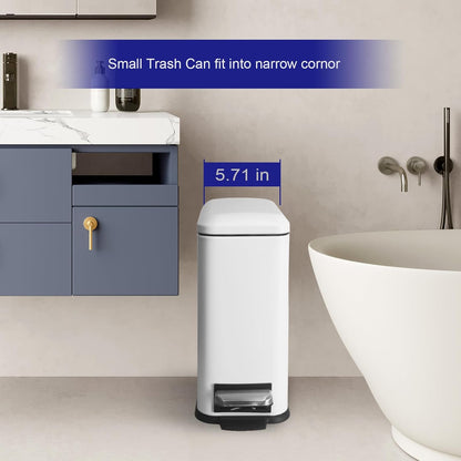 Bathroom Trash Can with Lid，5 Liter / 1.3 Gallon Small Trash Can with Removable Liner Bucket, Soft Close lid & Step Pedal, Stainless Steel Trash Bin for Bathroom,Bedroom,Home Office, White