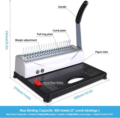 MAKEASY Binding Machine, 21-Hole, 450 Sheets, Comb Binding Machines with 1 Box Comb Bindings Spines, Comb Binder for Letter Size, A4, A5 Paper