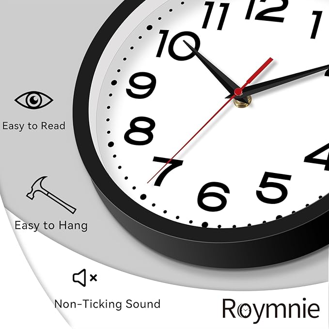 Wall Clock Silent Non-Ticking Modern Clock Battery Operated 8 Inch Small Classic Analog Decorative for Kitchen, Living Room, Office, Bedroom, Bathroom (Black)