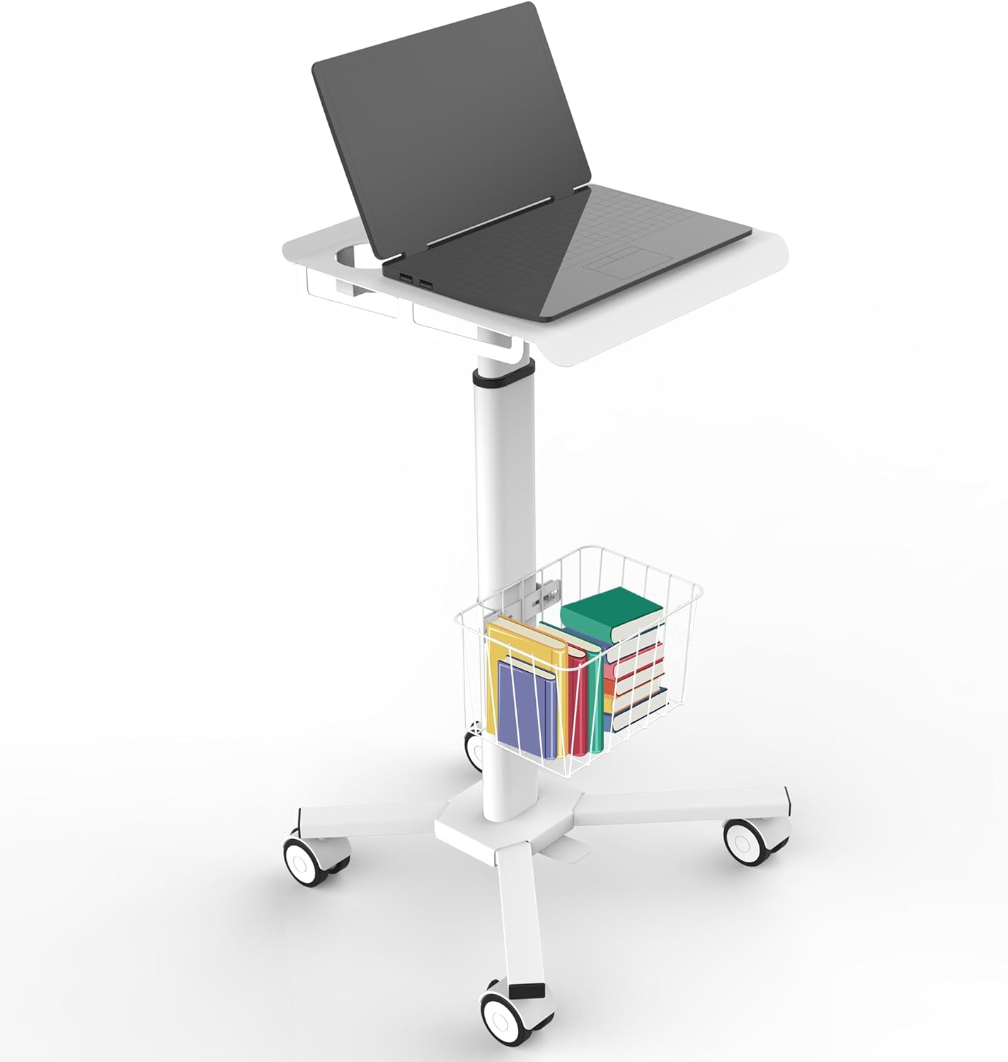 Adjustable Height Portable Laptop Desk with Wheels,White Computer Cart on Wheels,Standing Mobile Desk Workstation, Utility Medical Cart