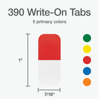 Redi-Tag Write-On Tabs, Permanent Adhesive Index Tabs, Assorted Primary Colors: Yellow, Orange, Red, Blue and Green, 1" x 7/16", 390 Pack (1009303)