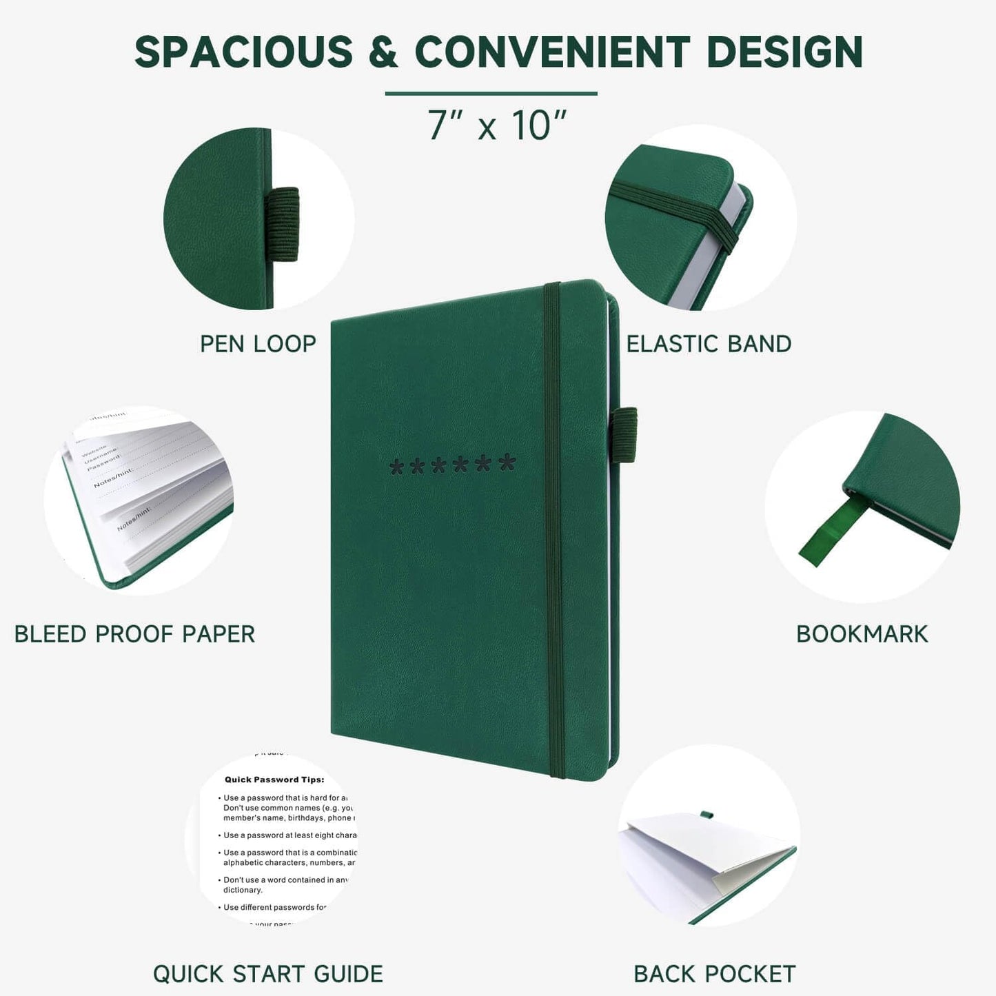 Password Book with Alphabetical Tabs – Hardcover Internet Address & Password Organizer – Password Keeper Notebook for Computer & Website – 7 x 10" Log-in Password Journal w/Thick Paper (Earth Green)