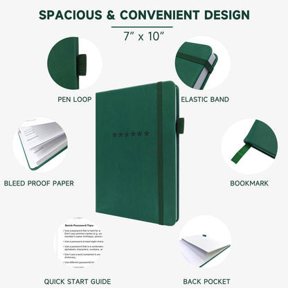 Password Book with Alphabetical Tabs – Hardcover Internet Address & Password Organizer – Password Keeper Notebook for Computer & Website – 7 x 10" Log-in Password Journal w/Thick Paper (Earth Green)