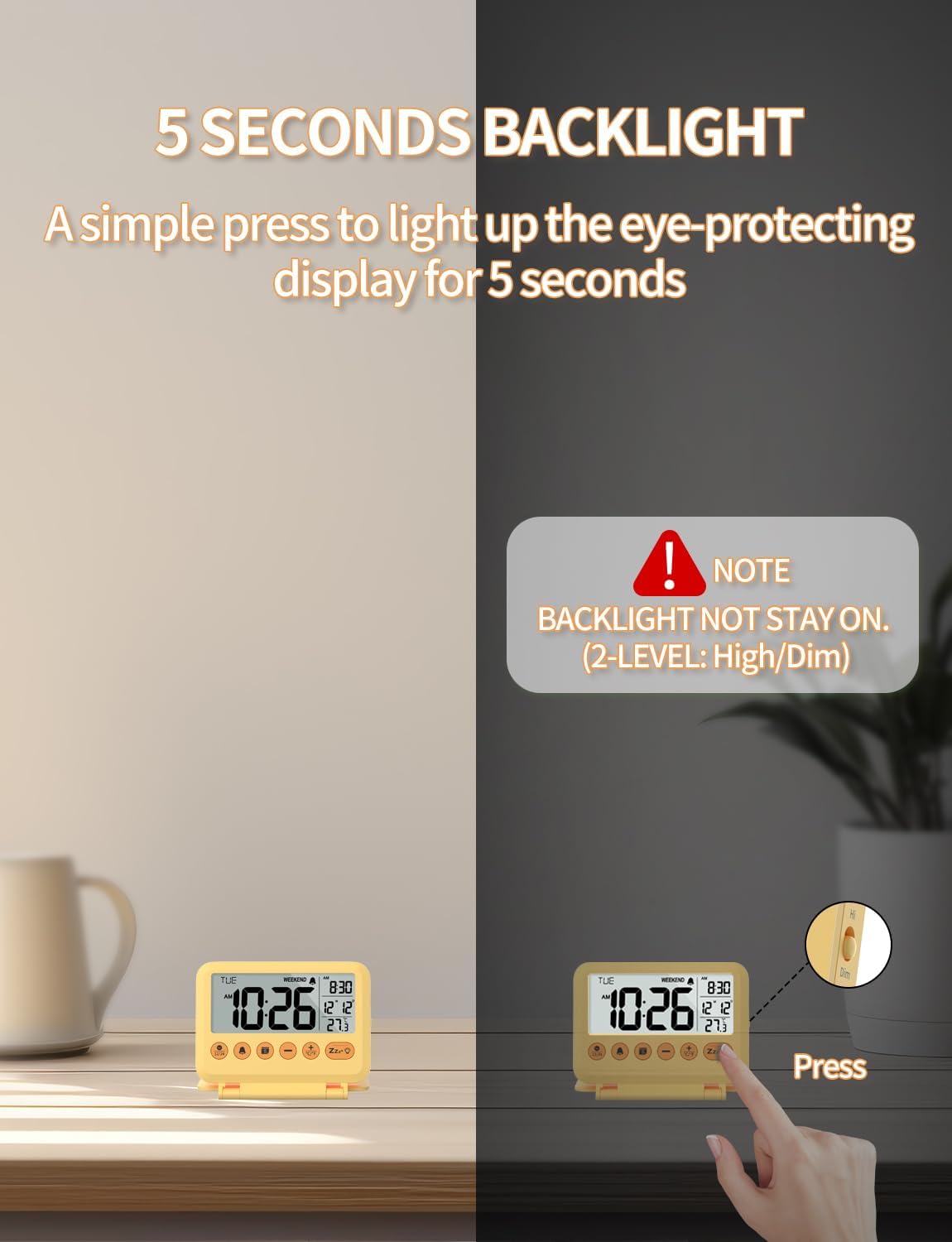 Digital Travel Alarm Clock - 3.54 inch LCD Display, 9-Minute Snooze, 2 Volume Levels, Backlight, Battery Included (Yellow)