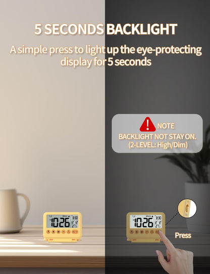 Digital Travel Alarm Clock - 3.54 inch LCD Display, 9-Minute Snooze, 2 Volume Levels, Backlight, Battery Included (Yellow)