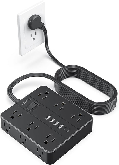 15FT Surge Protector Power Strip,12 AC Outlets with 6 USB Ports (2 USB-C), Flat Plug Extension Cord with Multiple Outlets, Wall Mount for Home Office,Dorm, Black