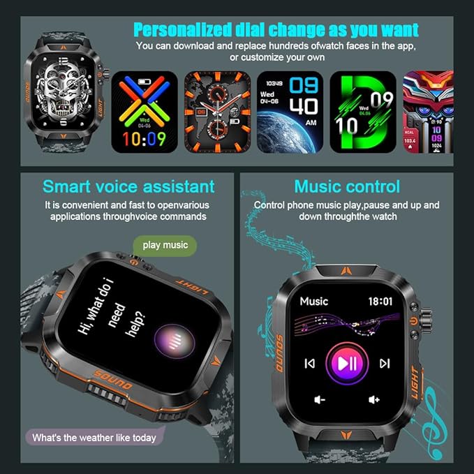 Military Smartwatch for Men, LED Flashlight Bluetooth Call IP68 Waterproof Heart Rate Blood Oxygen Sleep Tracker Fitness Pedometer Android iOS Compatible - Ideal for Hunting Hiking Extreme Sports