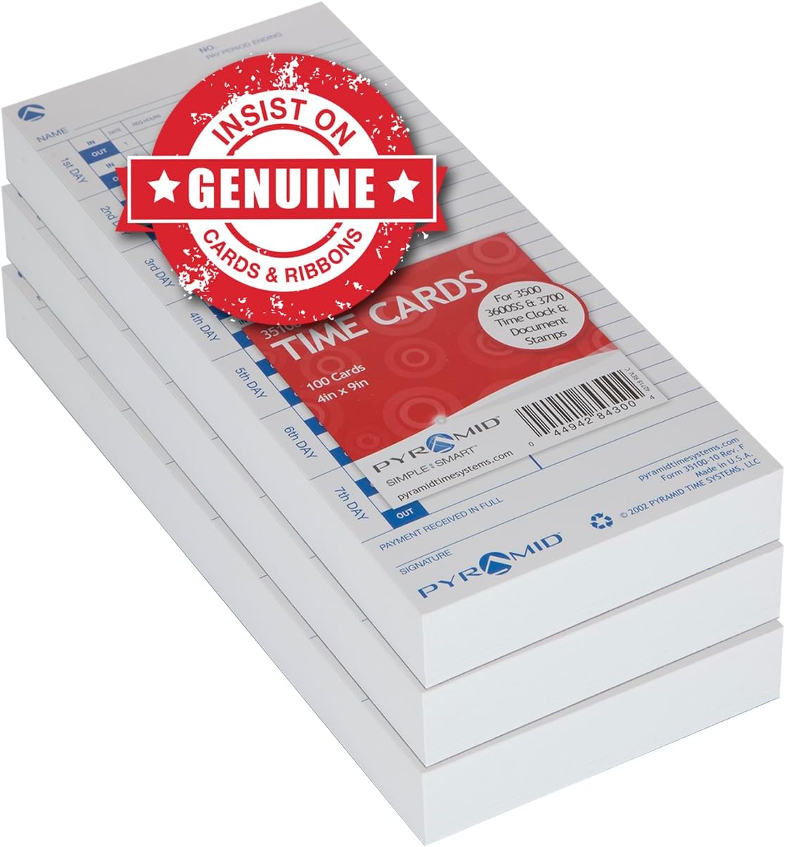 Pyramid Time Systems - 30% Recycled Time Cards (35100-10) for Pyramid Models 3500, 3500ss, 3600SS, and 3700 Time Clock and Document Stamp, Single Sided Time Sheets (4 X 9 Inches) - 300 Time Cards