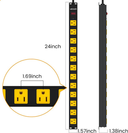 12 Outlet Long Power Strip, 3FT Power Cord, 2100 Joules Surge Protector, Wide Spaced Outlet Power Bar, Overload Protection Switch, Industrial Heavy Duty for Work Bench, Shop, Garage