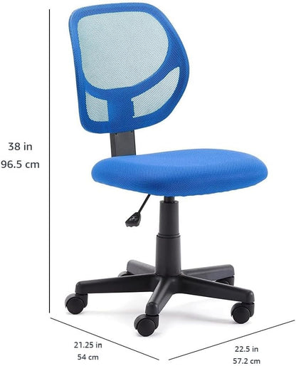 Amazon Basics Rolling Desk Chair, Adjustable, Low Back, Padded Seat, Breathable Mesh, Swivel, Blue, 21.25" D x 22.5" W x 38" H