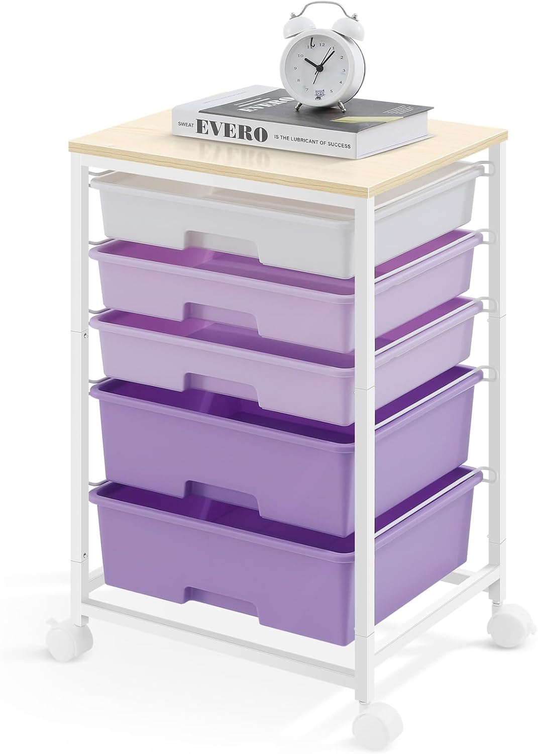 Utility Cart with 5 Drawers,Storage Drawer Cart with Wooden Tabletop and Lockable Wheels,Craft Storage Trolley Cart,5-Tier Rolling Utility Cart on Wheels,Purple