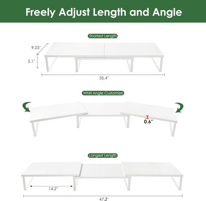 Dual Monitor Stand Riser w/ Drawer & Metal Leg, Large White Computer Monitor Riser w/ Storage For 2 Screens, Desk Shelf w/ Adjustable Length & Angle, Desktop Organizer