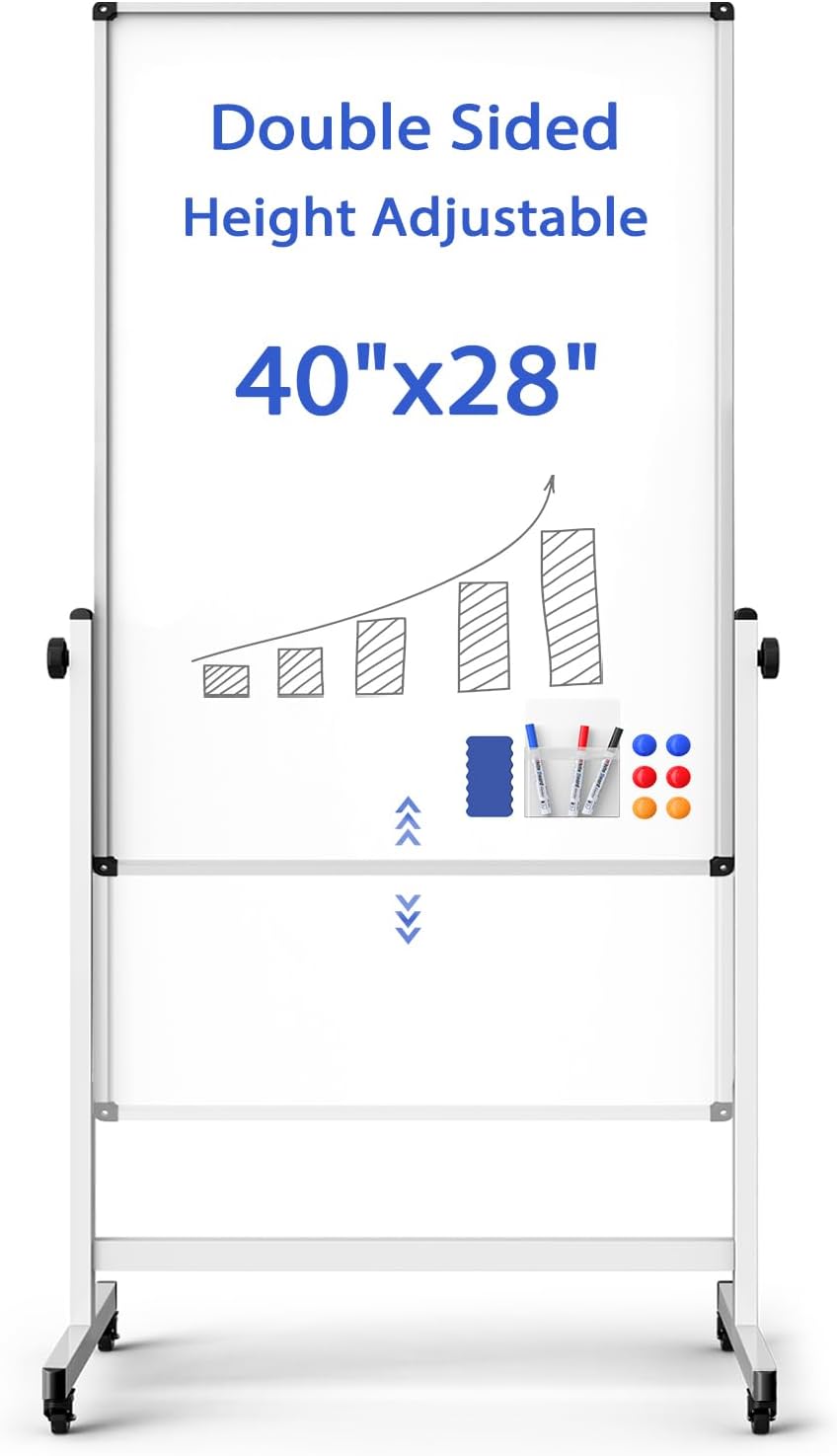 Rolling Whiteboard on Wheels, Double-Sided Magnetic Dry Erase Board with Stand, Mobile White Board for Office, Classroom, Home (28" x 40")