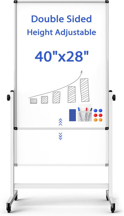 Rolling Whiteboard on Wheels, Double-Sided Magnetic Dry Erase Board with Stand, Mobile White Board for Office, Classroom, Home (28" x 40")