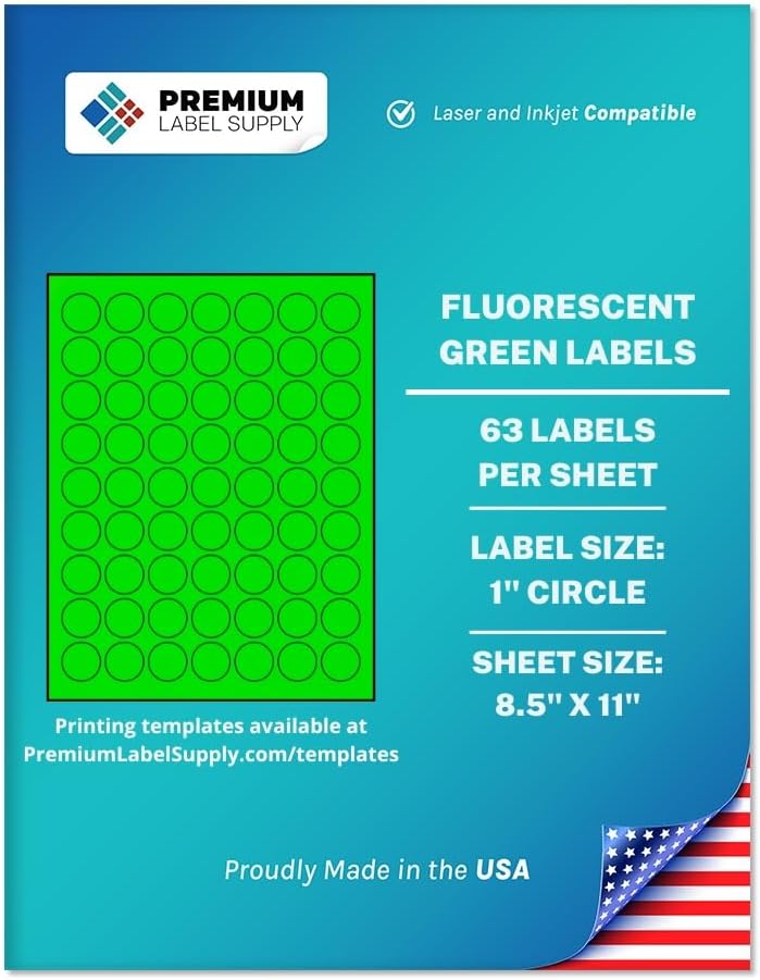 Premium Label Supply Bright Neon Color Fluorescent Sticker Labels - 1" Round Labels - (Fluorescent Green, 31,500 Labels)