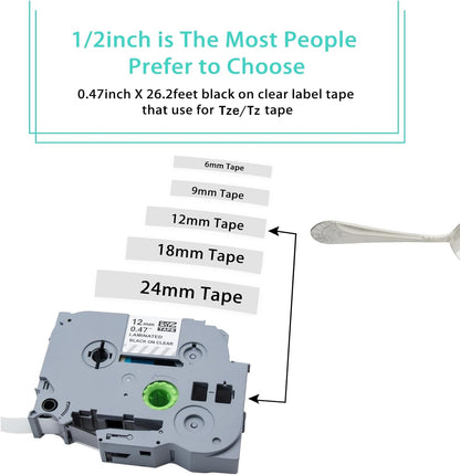 BOYEEZON TZe/TZ Tape 12mm 0.47 Laminated Clear Replacement for Brother Ptouch TZe-131 Laminated Black on Clear Label Tape for Brother Label Maker PT-D210, PT-D220, PT-H110, PT-D400, 5-Pack