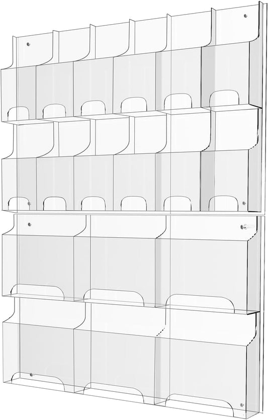 Acrylic Brochure Pamphlet Holder, 6 Magazine Holders and 12 Pamphlet Holders, Clear Brochure Display Holder Wall Mount, Trifold Flyer Rack, Literature Storage Rack for Home, Offices, Waiting Room