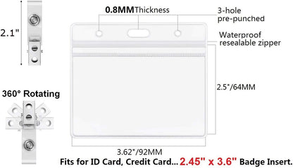 ID Badge Holder with Clip Clear Plastic Name Tag Holders Horizontal Ziplock Waterproof PVC ID Card Holder with Clip Straps(25 Pack, Horizontal 2.3X3.5)