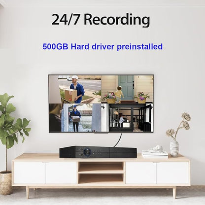 Eversecu 4 Channel Security Camera System 1080P DVR and 4pcs HD Weatherproof Cameras, Night Vision, Motion Alert, Smartphone, PC Easy Remote Access, 500GB HDD Preinstalled, Premade Cables Included