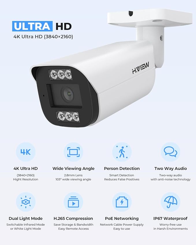 H.VIEW 4K PoE Security Camera System,16CH 8MP NVR with 8TB Large HDD,16pcs 4K Indoor Outdoor PoE IP Cameras,Face/Person/Smart Detection,2 Way Audio,Night Vision,Dual-Disk Backup for 24/7 Recording