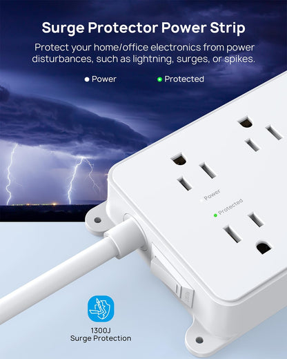 TROND Power Strip with USB, Surge Protector Flat Plug with 5 Widely-Spaced Outlets and 3 USB Ports, ETL Listed, 1300J, Wall Mountable, 5ft Extension Cord, for Office Kitchen, White