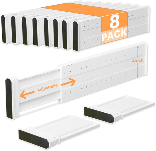 REBECAT 8 Pack Drawer Dividers for Clothes Adjustable Drawer Dividers 4" High Expandable from 15"-21" for Dresser Baby Clothes Bathroom,Bedroom Kitchen and Office Storage，White