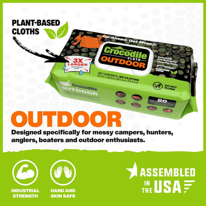 Crocodile Cloth Outdoor Cleaning Wipes – 80 Count Plant-Based Cloths (15"x10"), Skin Safe, Pre-Moistened, Aloe & Vitamin E Infused, Large, Absorbent, Multi-Surface Disposable Wipes