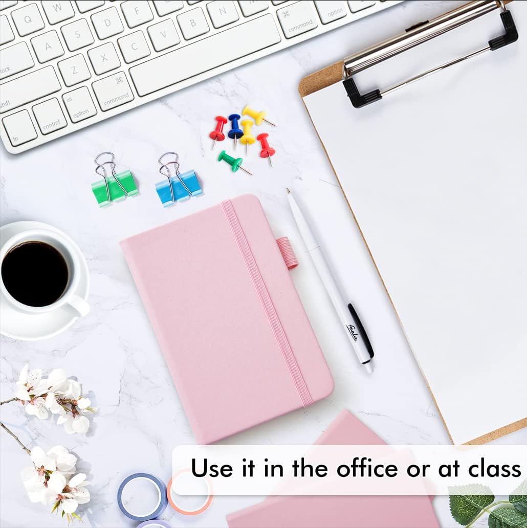 feela 6 Pack Pocket Small Notebooks Bulk, Mini Cute Memo Notepads Hardcover College Ruled Lined Journals with Pen Holder for Women Girls Office School, with 6 Black Pens, 3.5”x 5.5”, A6, Rose Pink