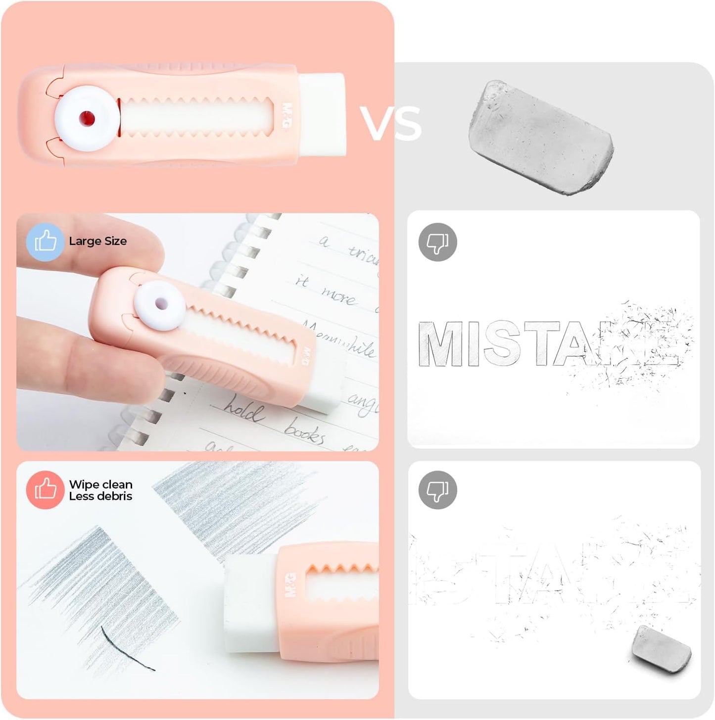 M&G 4 Pack Pencil Erasers Sliding Retractable Eraser, Soft Cute Erasers Push Pull Large Rubber Erasers for School Students Kids Office Home Supplies (Blue+Pink)