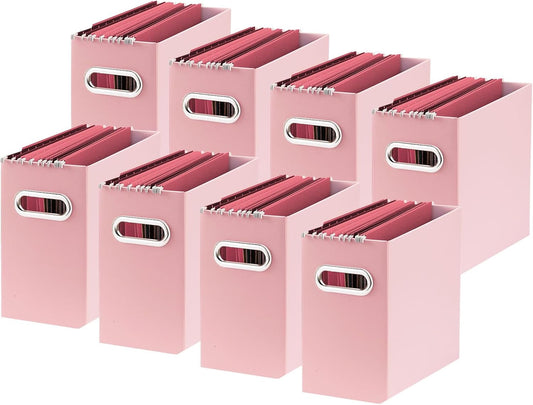 Oterri File Organizer, 8 Packs Small Storage Box, Cardboard File Folder Organizer, Collapsible File Box for Hanging File Folders Letter Size, Portable Filing Organizer with Handle (Pink