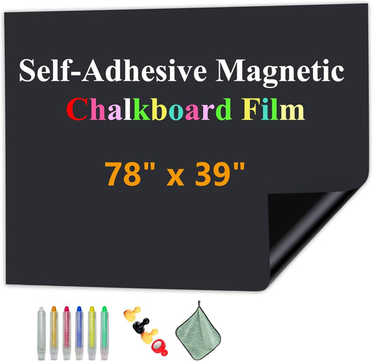 Magnetic Chalkboard Contact Paper with Adhesive, 78" x 39" Magnetic Blackboard Film for Walls, Peel and Stick – Ideal for Office, Classroom, Home. Includes Dustless Chalk, Wiping Cloth, and Magnet