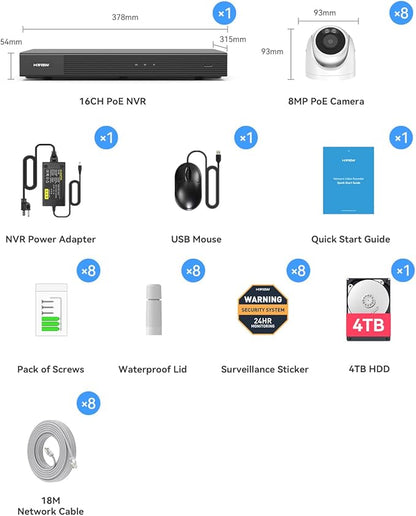 H.VIEW 16 Channel NVR PoE Security Camera System Wired, 8MP 4K 16CH Commercial NVR 4TB, Smart AI Color Night, 16x 8MP Outdoor Audio IP Cameras, 16x Network Cables, CCTV for Businesses Home