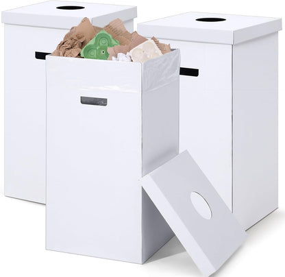 3 Pcs Cardboard Trash Cans with Lid Disposable and Reusable Corrugated Cardboard Trash Cans Recycling Bins Bulk with Garbage Bags White Rubbish Boxes for Parties Events (20 Gallon)