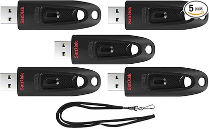 SanDisk 16GB Ultra 130MB/s USB 3.0 Flash Drive SDCZ48-016G Bundle with (1) GoRAM Black Lanyard (16GB, 5 Pack)