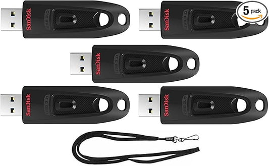SanDisk 16GB Ultra 130MB/s USB 3.0 Flash Drive SDCZ48-016G Bundle with (1) GoRAM Black Lanyard (16GB, 5 Pack)