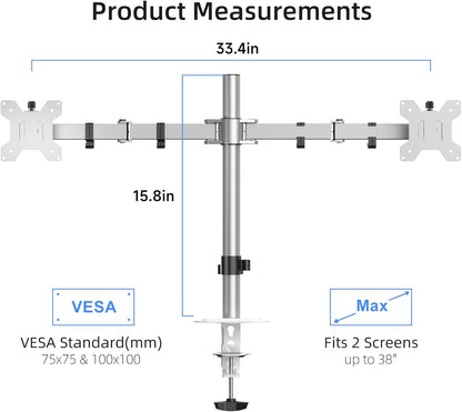 Suptek Dual Monitor Desk Mount, Adjustable Dual Monitor Arm for 2 Monitor Screens up to 38 inch, Extra Tall 15.75" Pole Monitor Stand for Desk, Holds up to 22 lbs,Silver(MD9442MS)