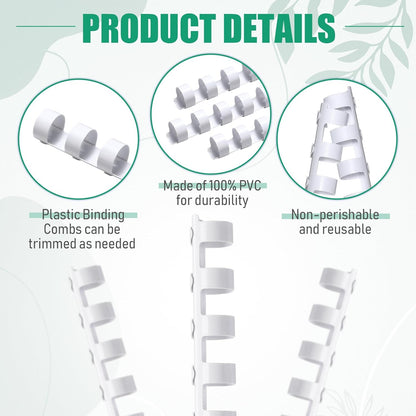 Maitys 300 Pcs Plastic Binding Combs Bulk 19 Ring Comb Spines Letter Size Spiral Binding for Notebook Calendar Picture (1/2 Inch,White)