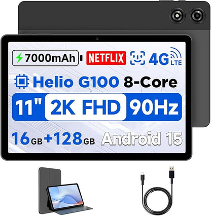 11 inch Android 15 Tablet, Helio G100 Octa-Core 16GB+128GB (1TB TF) Bpad 11 FHD 1920×1200 IPS 90Hz Widevine L1, 7000mAh PD 18W 5MP+8MP Camera, 4G LTE+2.4G/5G WiFi+BT5.0+GPS with Protective Case