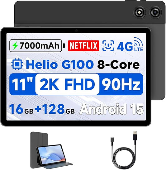 11 inch Android 15 Tablet, Helio G100 Octa-Core 16GB+128GB (1TB TF) Bpad 11 FHD 1920×1200 IPS 90Hz Widevine L1, 7000mAh PD 18W 5MP+8MP Camera, 4G LTE+2.4G/5G WiFi+BT5.0+GPS with Protective Case